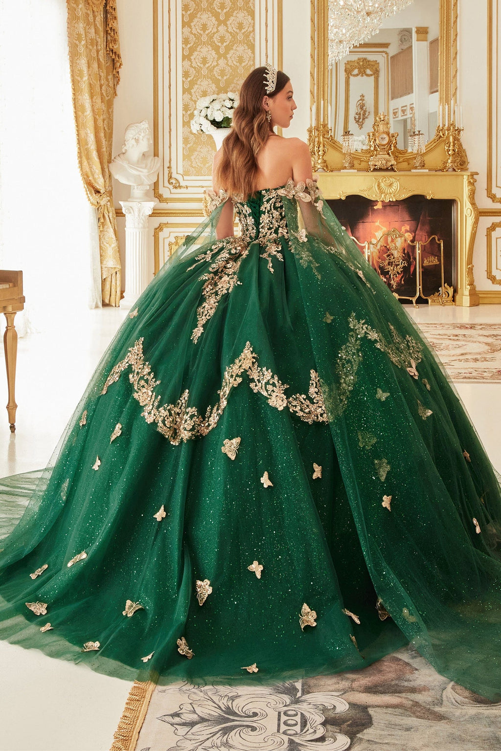 3D Butterfly Cape Sleeve Glitter Ball Gown