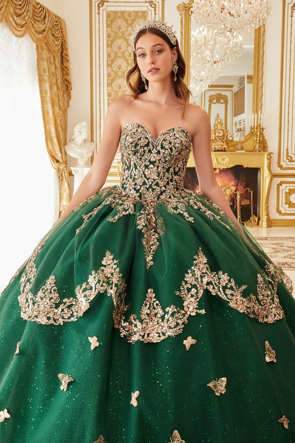 3D Butterfly Cape Sleeve Glitter Ball Gown