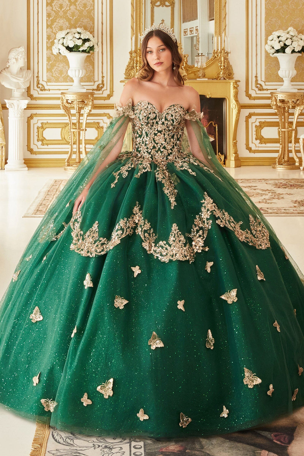 3D Butterfly Cape Sleeve Glitter Ball Gown