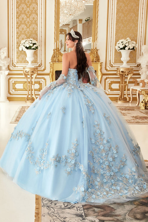 3D Floral Applique Strapless Ball Gown