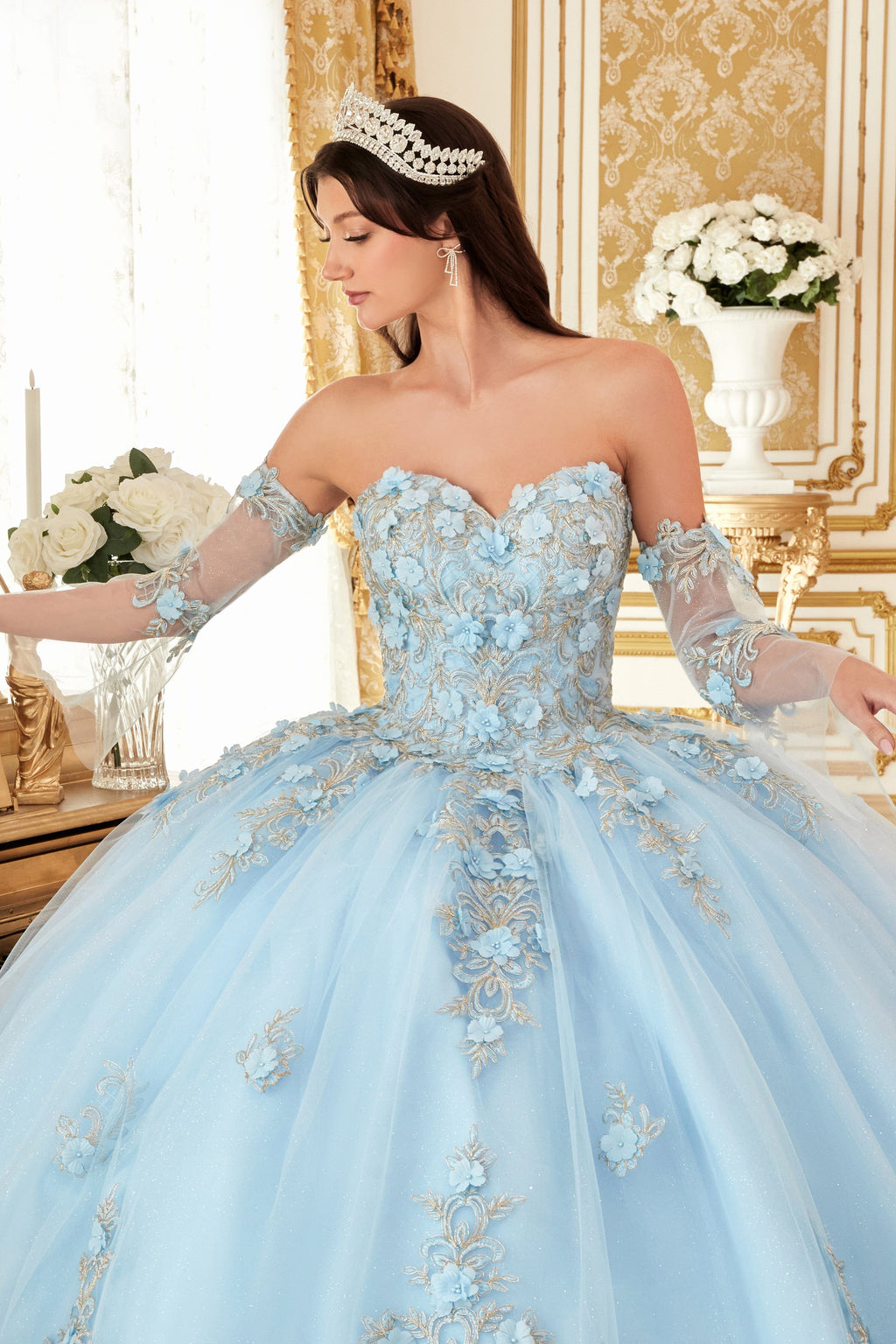 3D Floral Applique Strapless Ball Gown