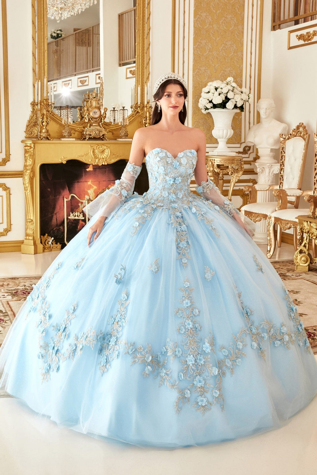 3D Floral Applique Strapless Ball Gown