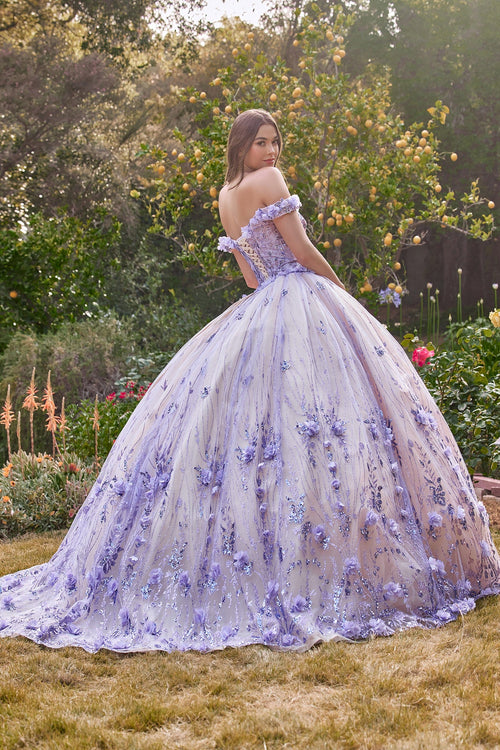 3D Floral Glitter Off Shoulder Ball Gown