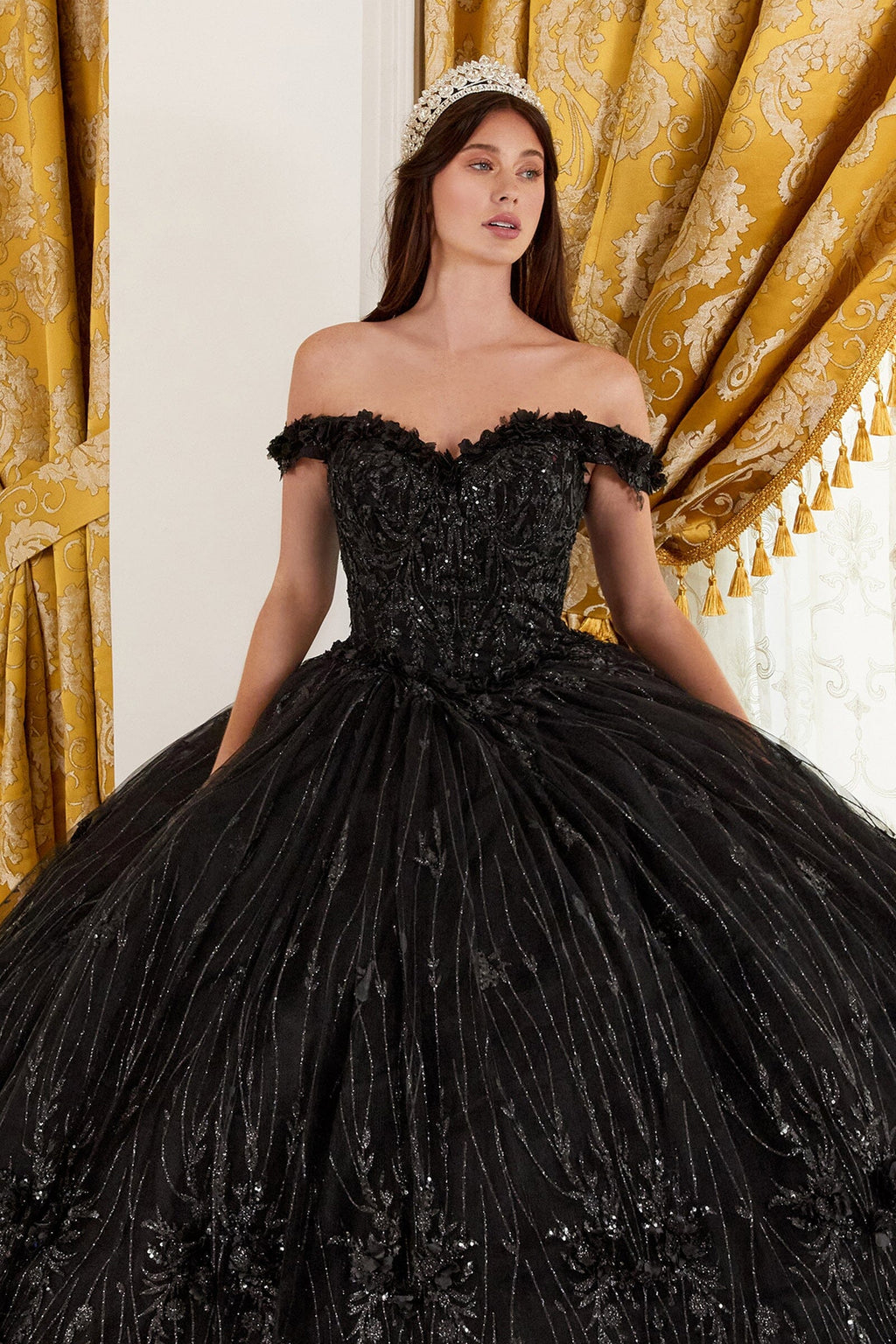 3D Floral Glitter Off Shoulder Ball Gown