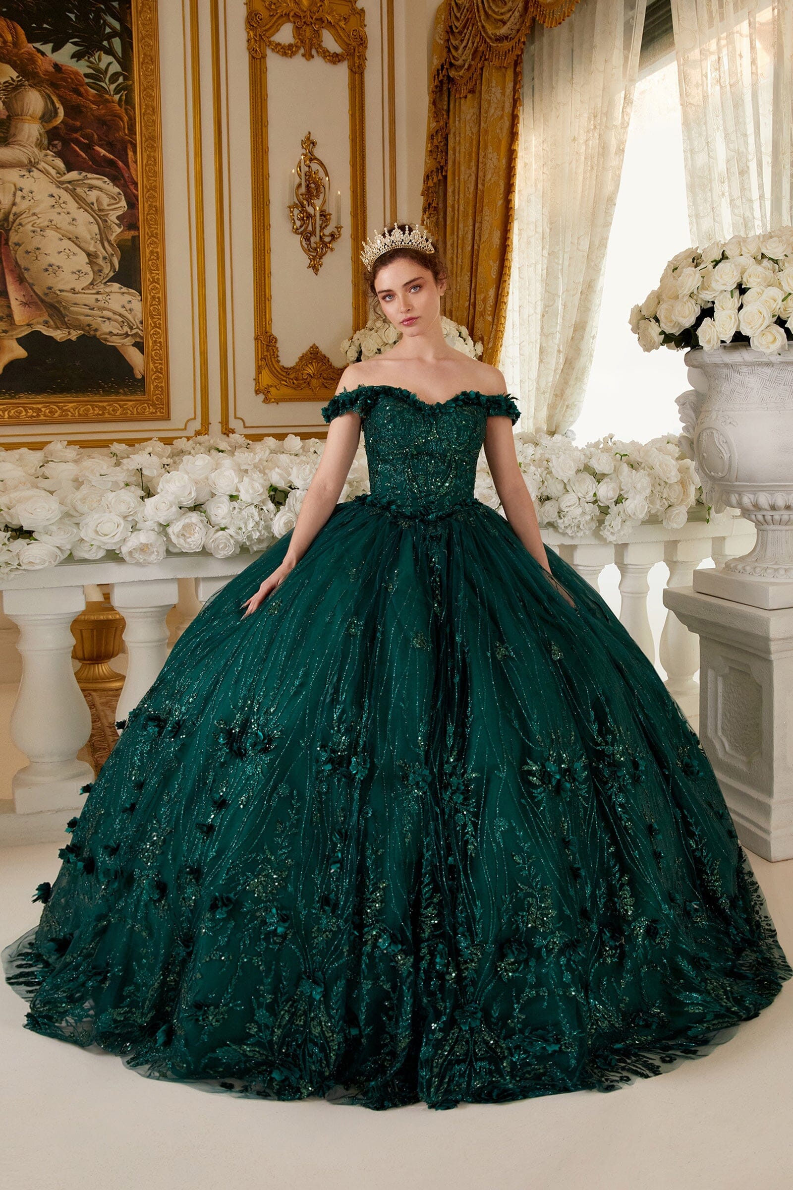 3D Floral Glitter Off Shoulder Ball Gown