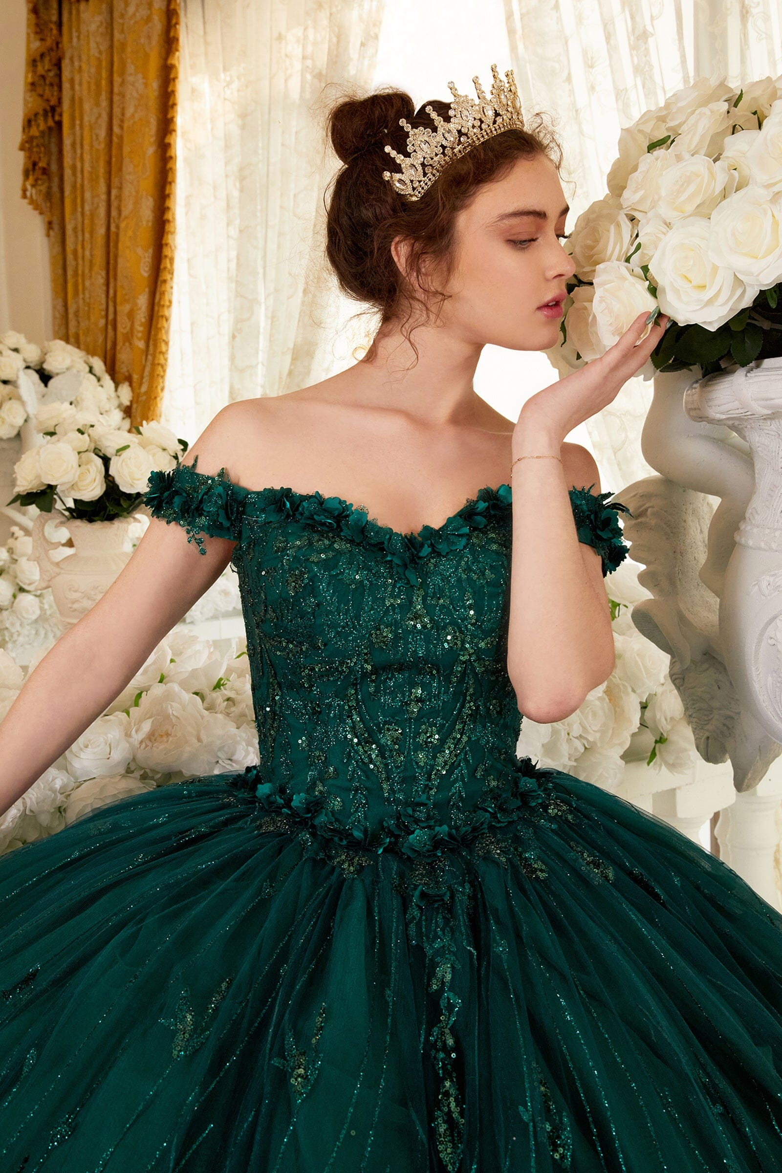 3D Floral Glitter Off Shoulder Ball Gown
