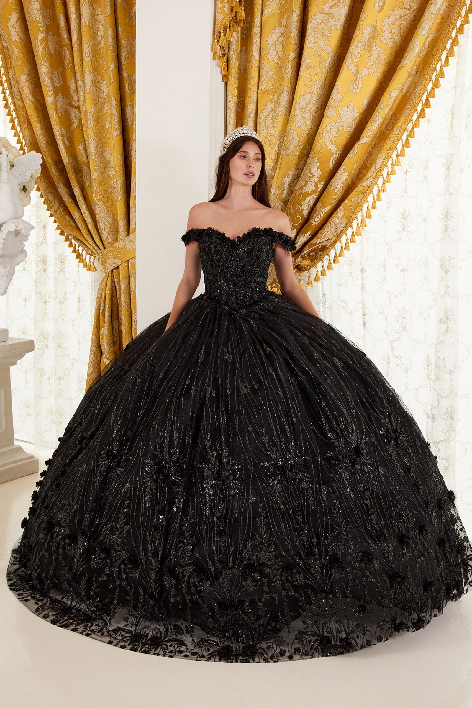 3D Floral Glitter Off Shoulder Ball Gown