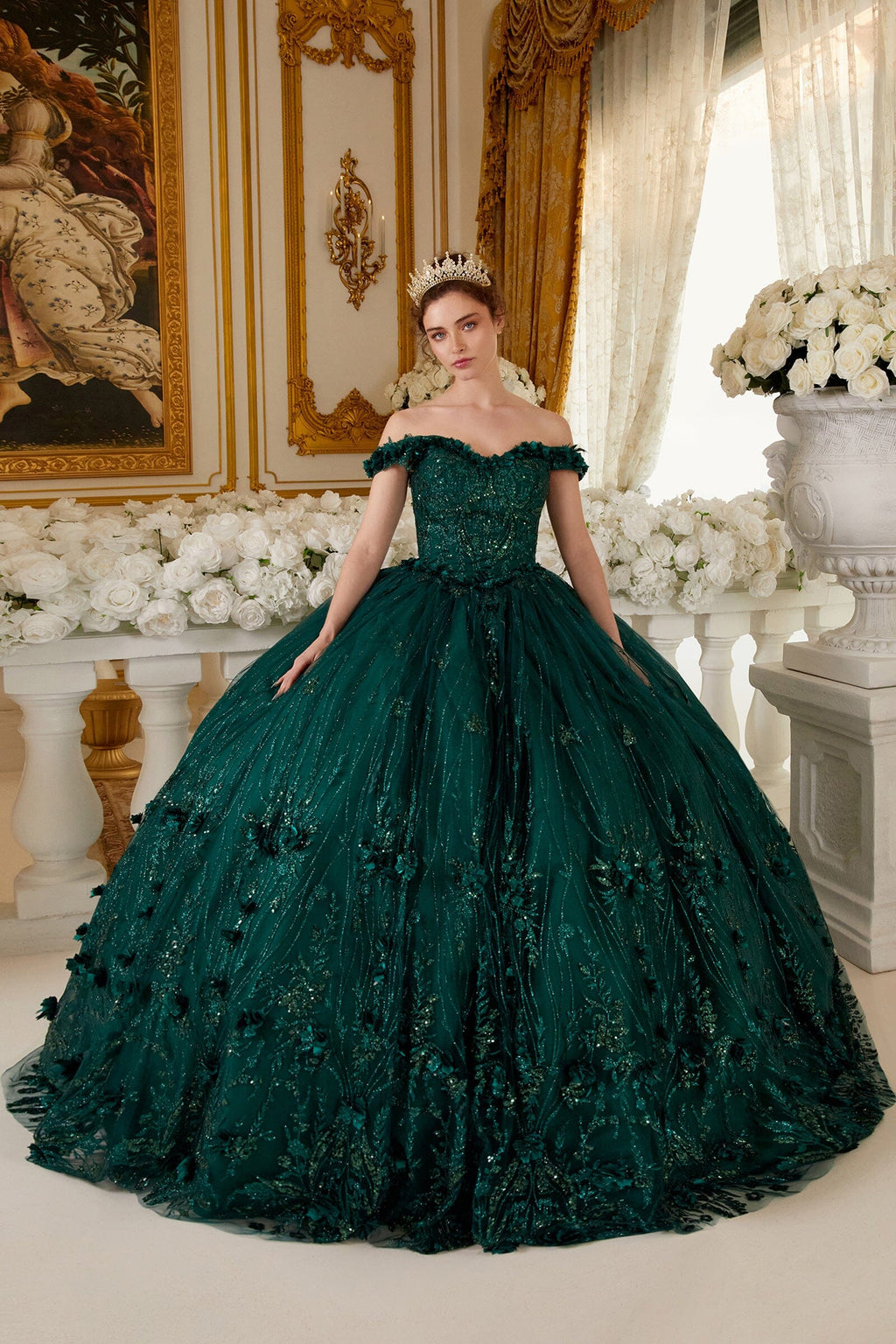 3D Floral Glitter Off Shoulder Ball Gown