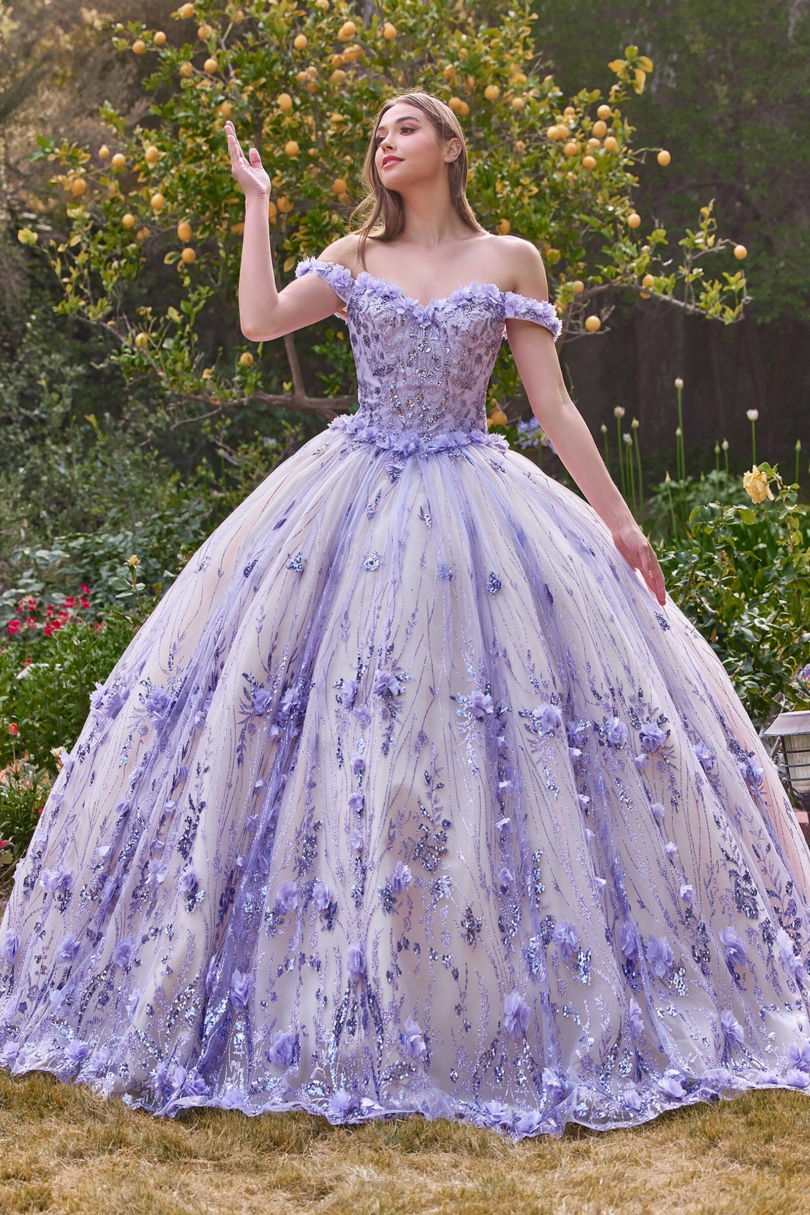 3D Floral Glitter Off Shoulder Ball Gown