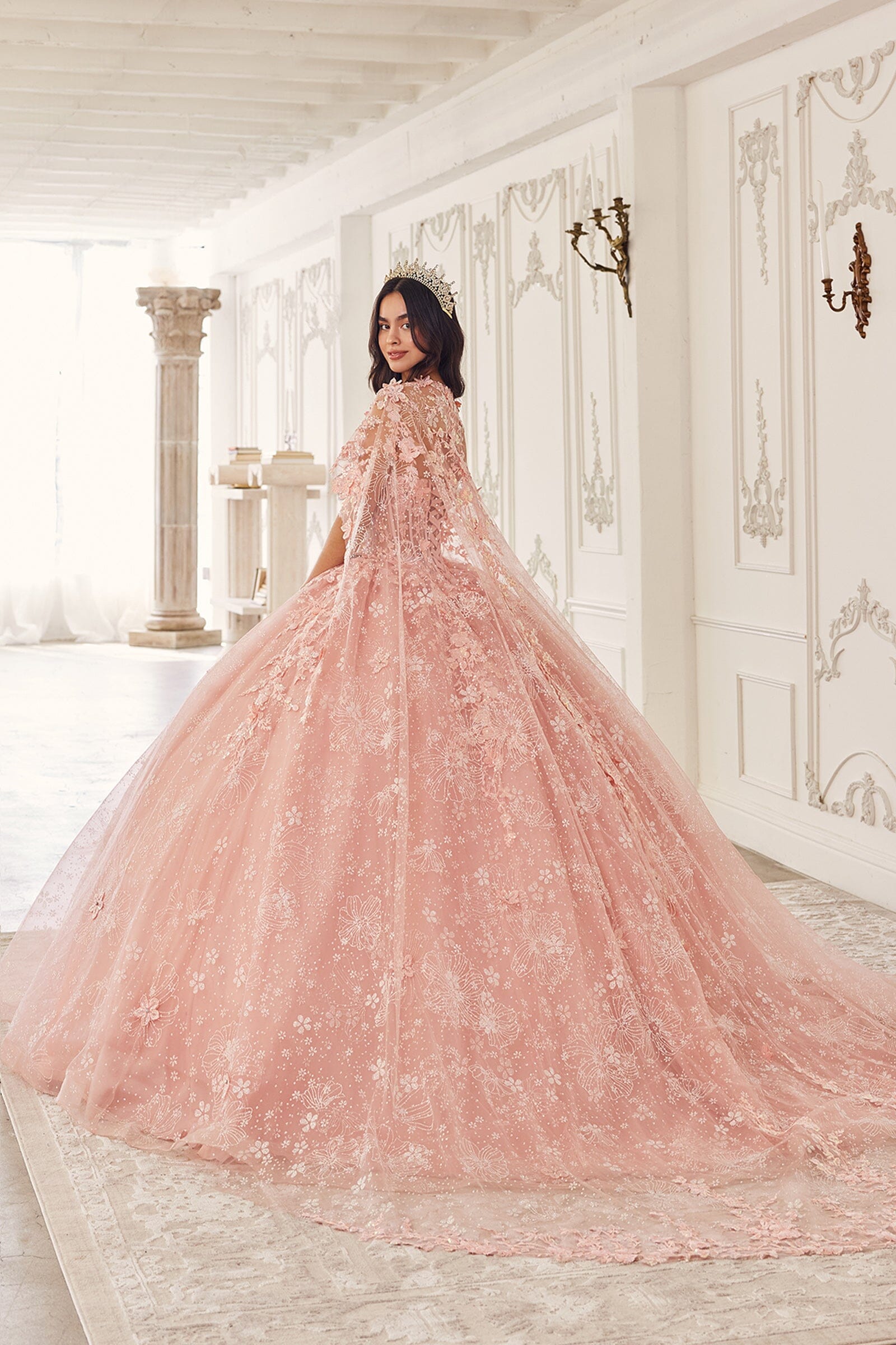 3D Floral Strapless Cape Ball Gown