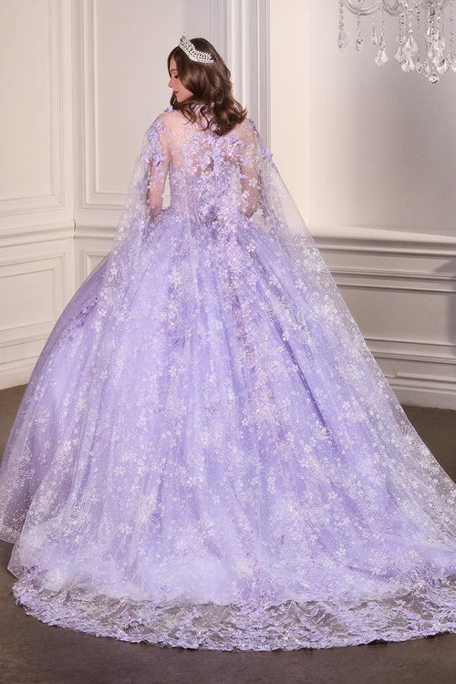 3D Floral Strapless Cape Ball Gown