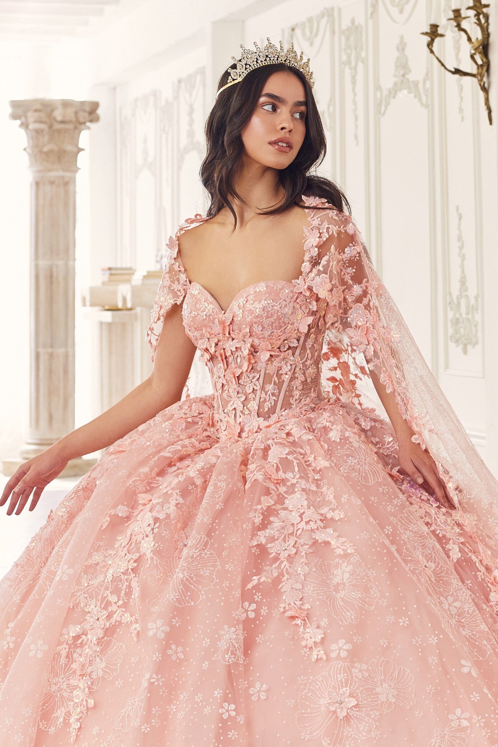 3D Floral Strapless Cape Ball Gown
