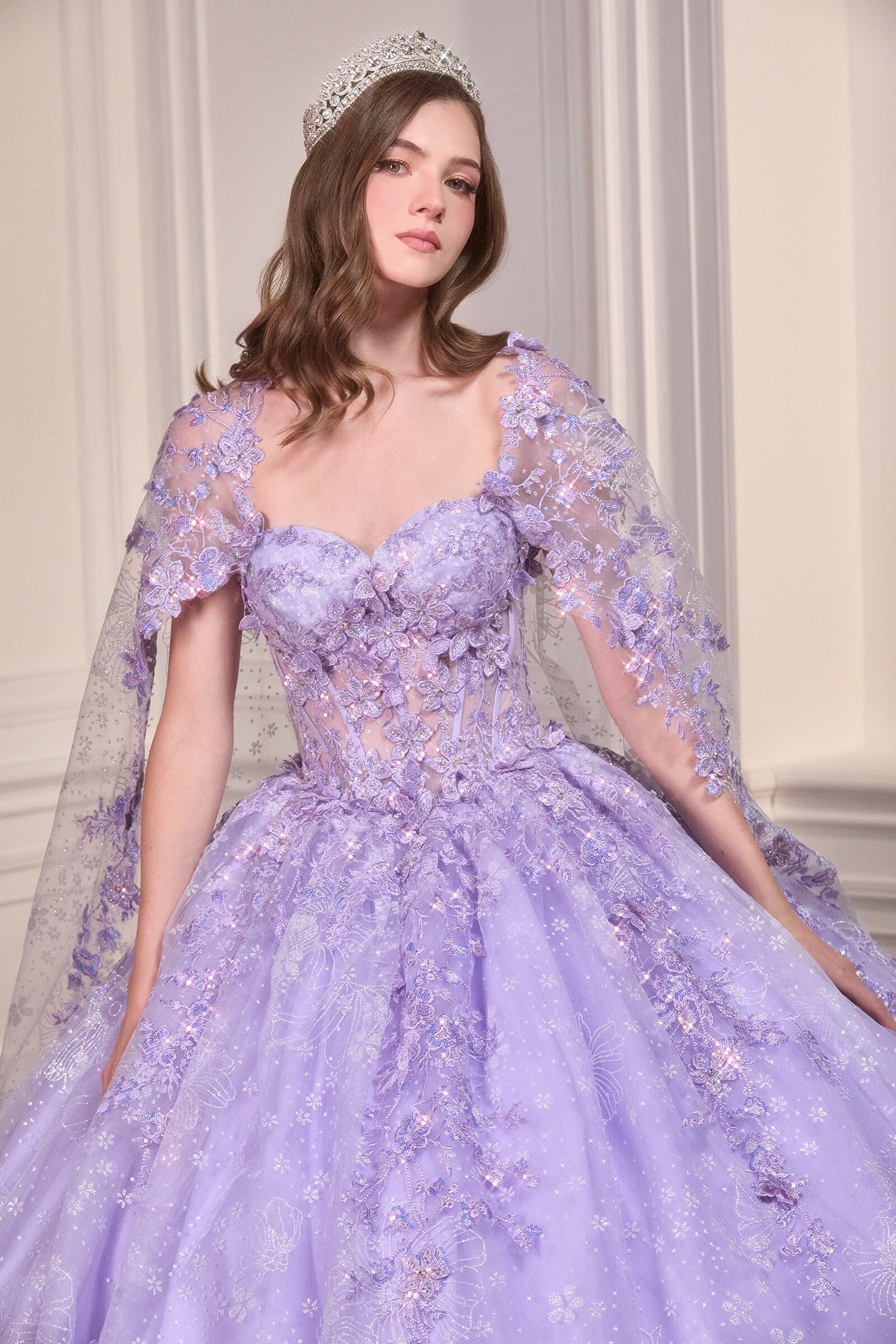 3D Floral Strapless Cape Ball Gown