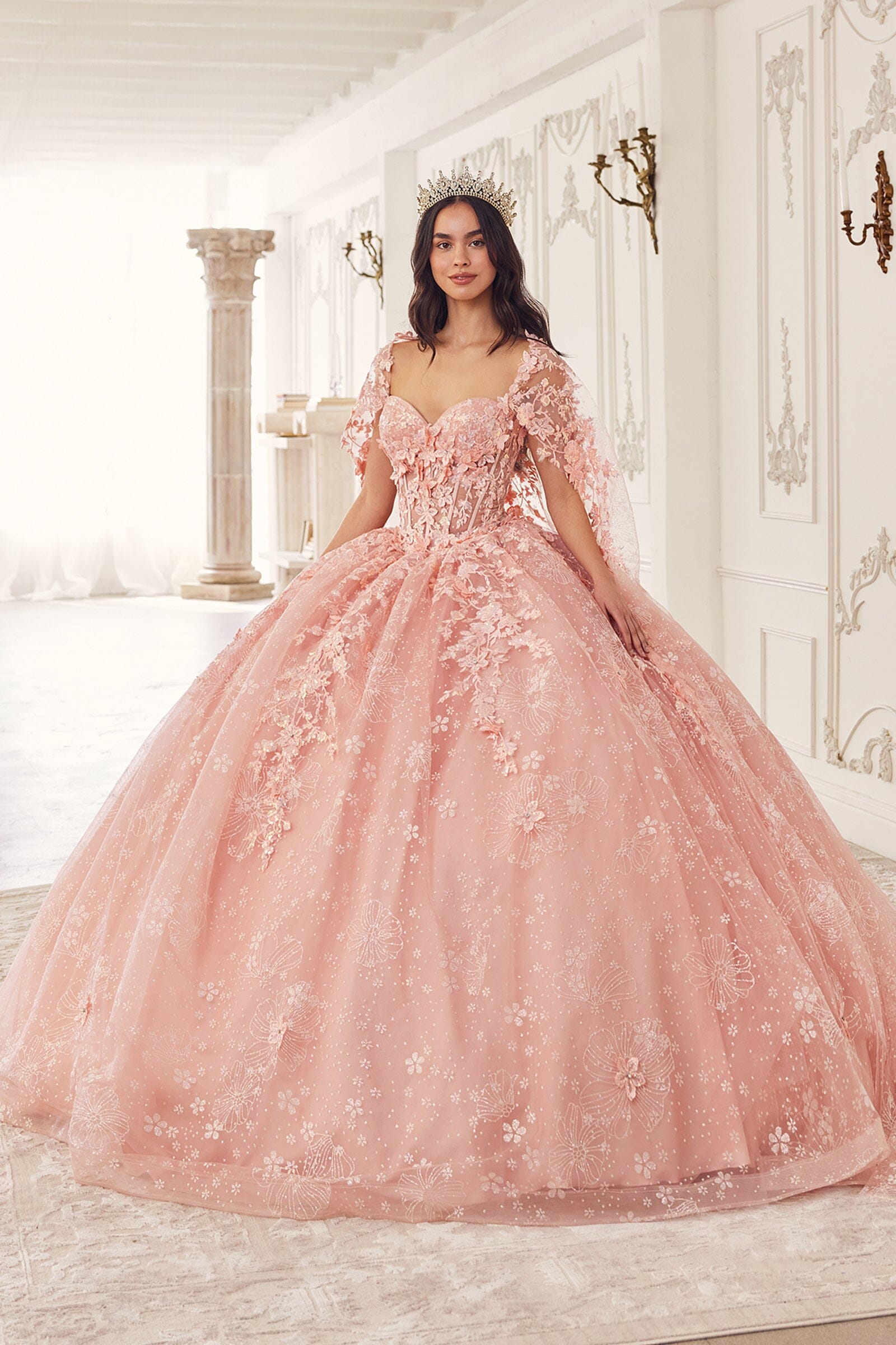 3D Floral Strapless Cape Ball Gown