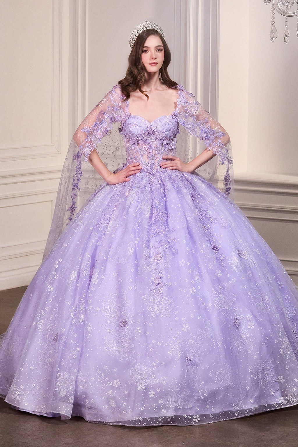3D Floral Strapless Cape Ball Gown