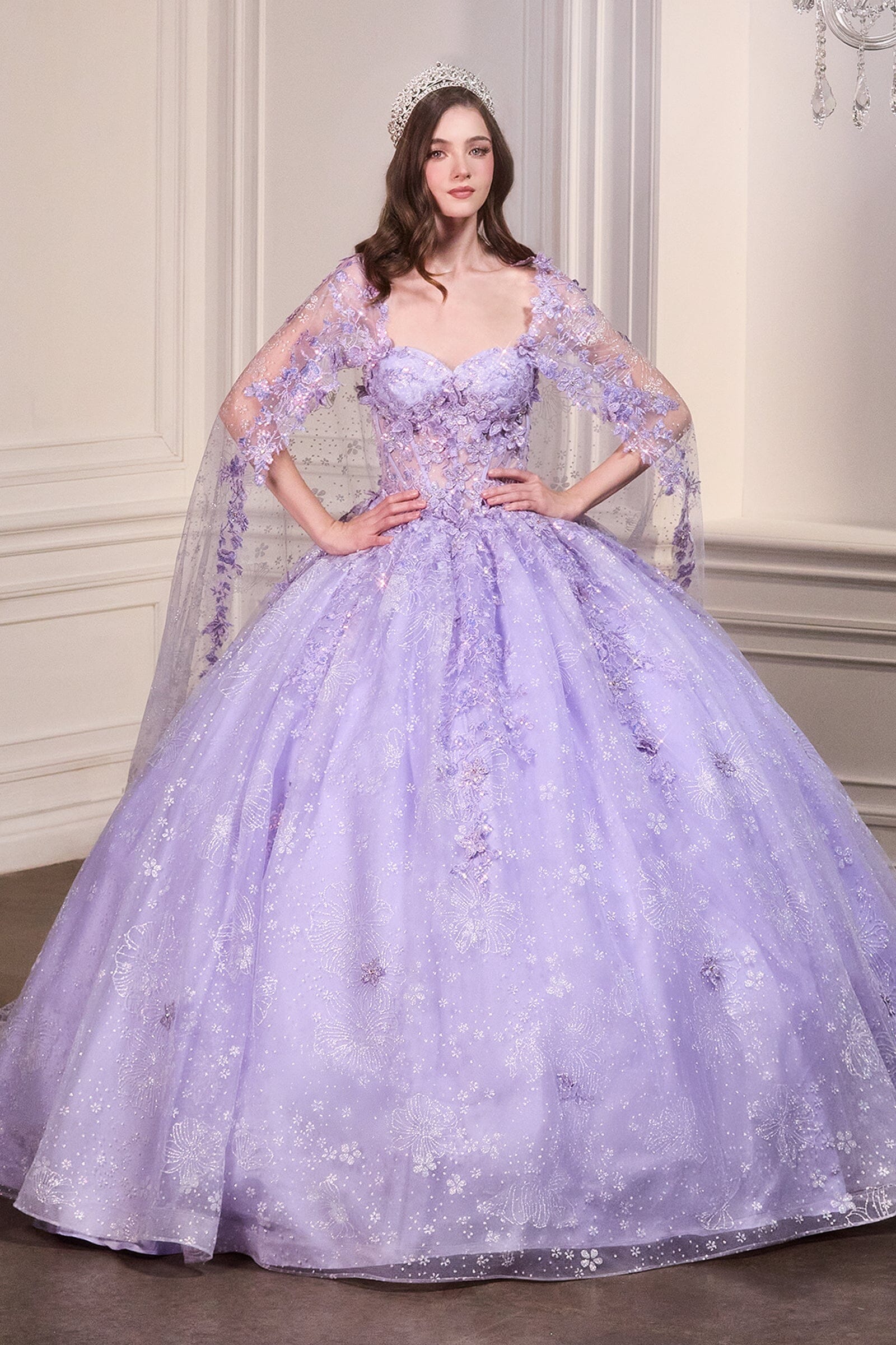 3D Floral Strapless Cape Ball Gown