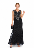 Women's Black Lace Rhinestone Maxi Evening Dress