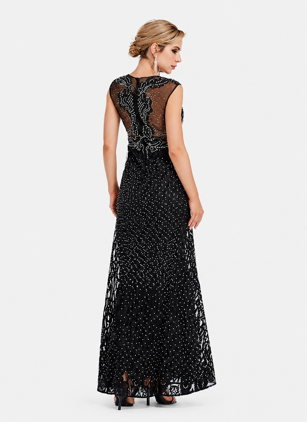 Women's Black Lace Rhinestone Maxi Evening Dress