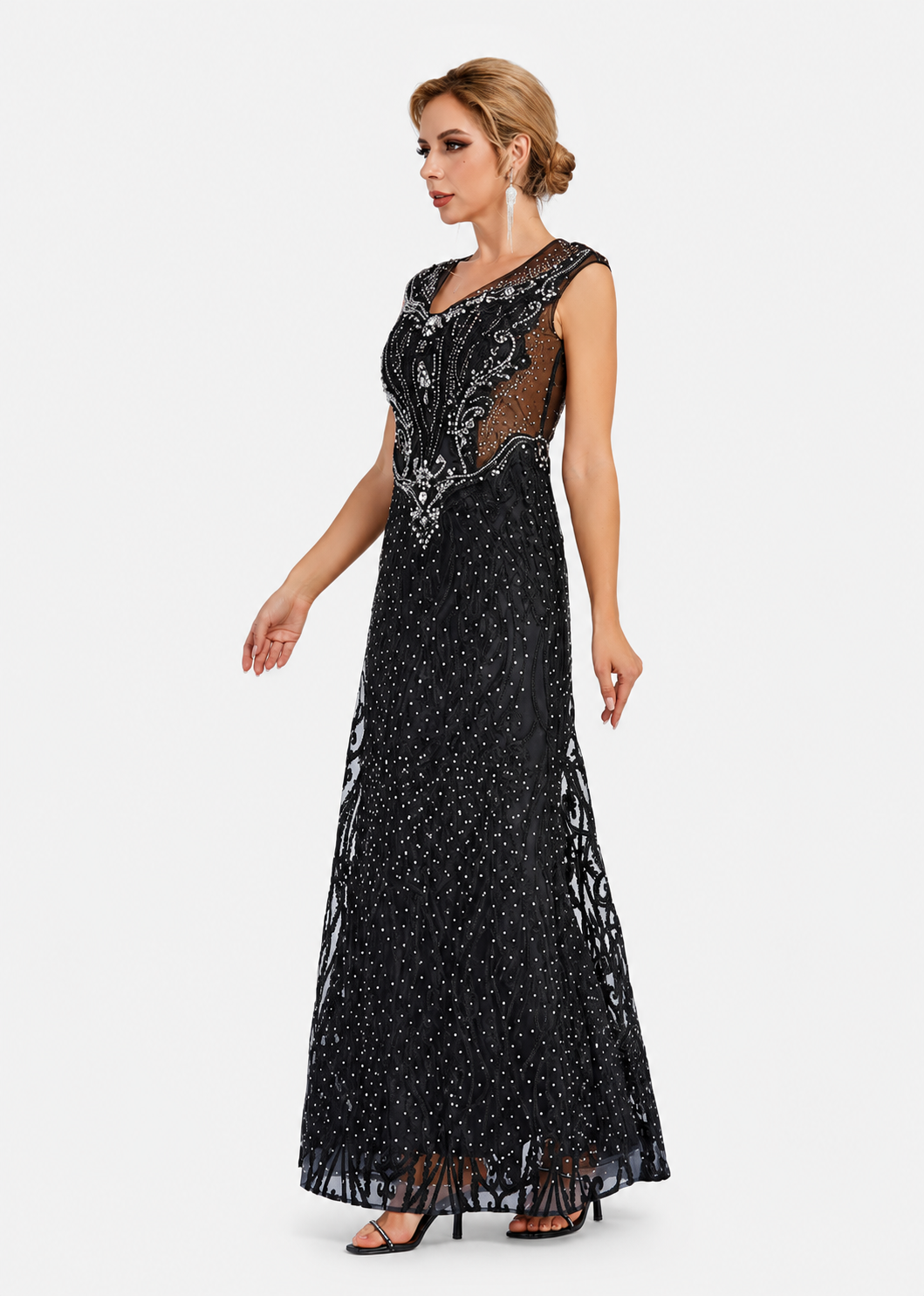 Women's Black Lace Rhinestone Maxi Evening Dress