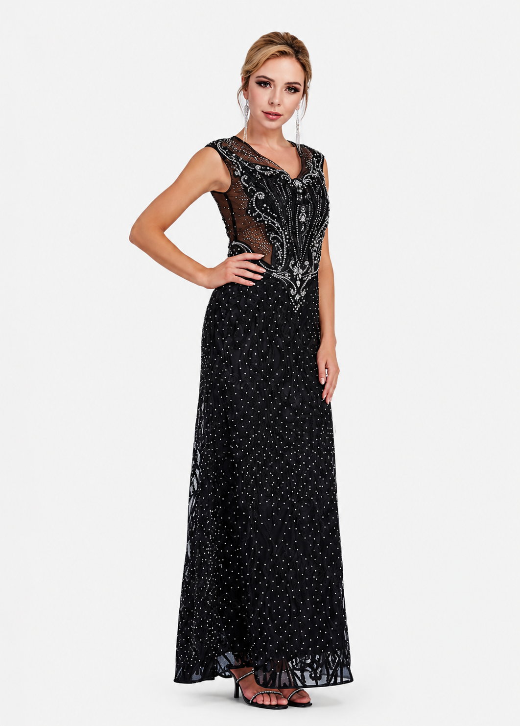 Women's Black Lace Rhinestone Maxi Evening Dress