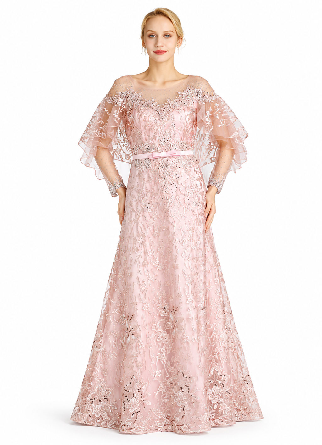 Women's Pink Embroidered Lace Rhinestone Evening Gown