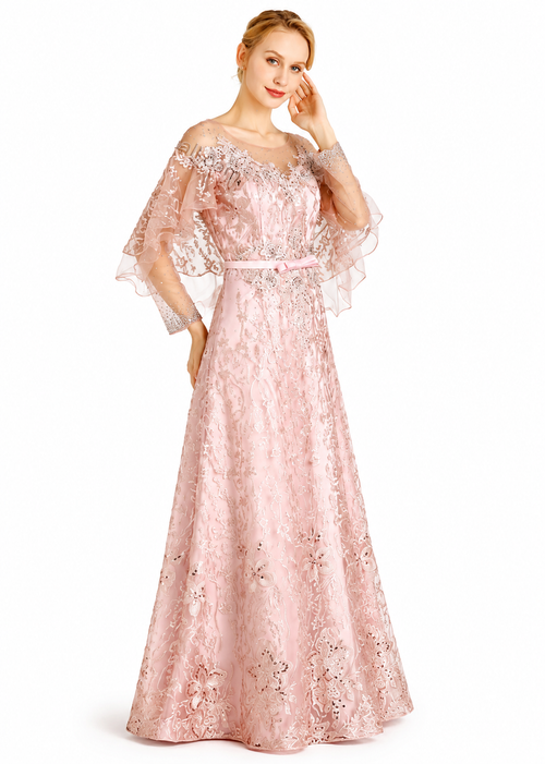 Women's Pink Embroidered Lace Rhinestone Evening Gown