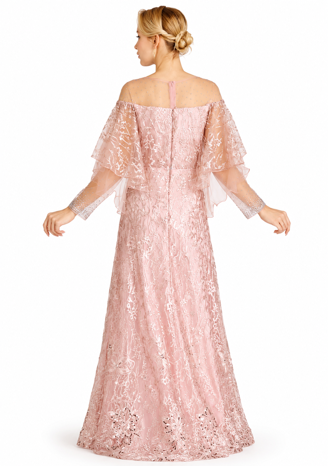 Women's Pink Embroidered Lace Rhinestone Evening Gown