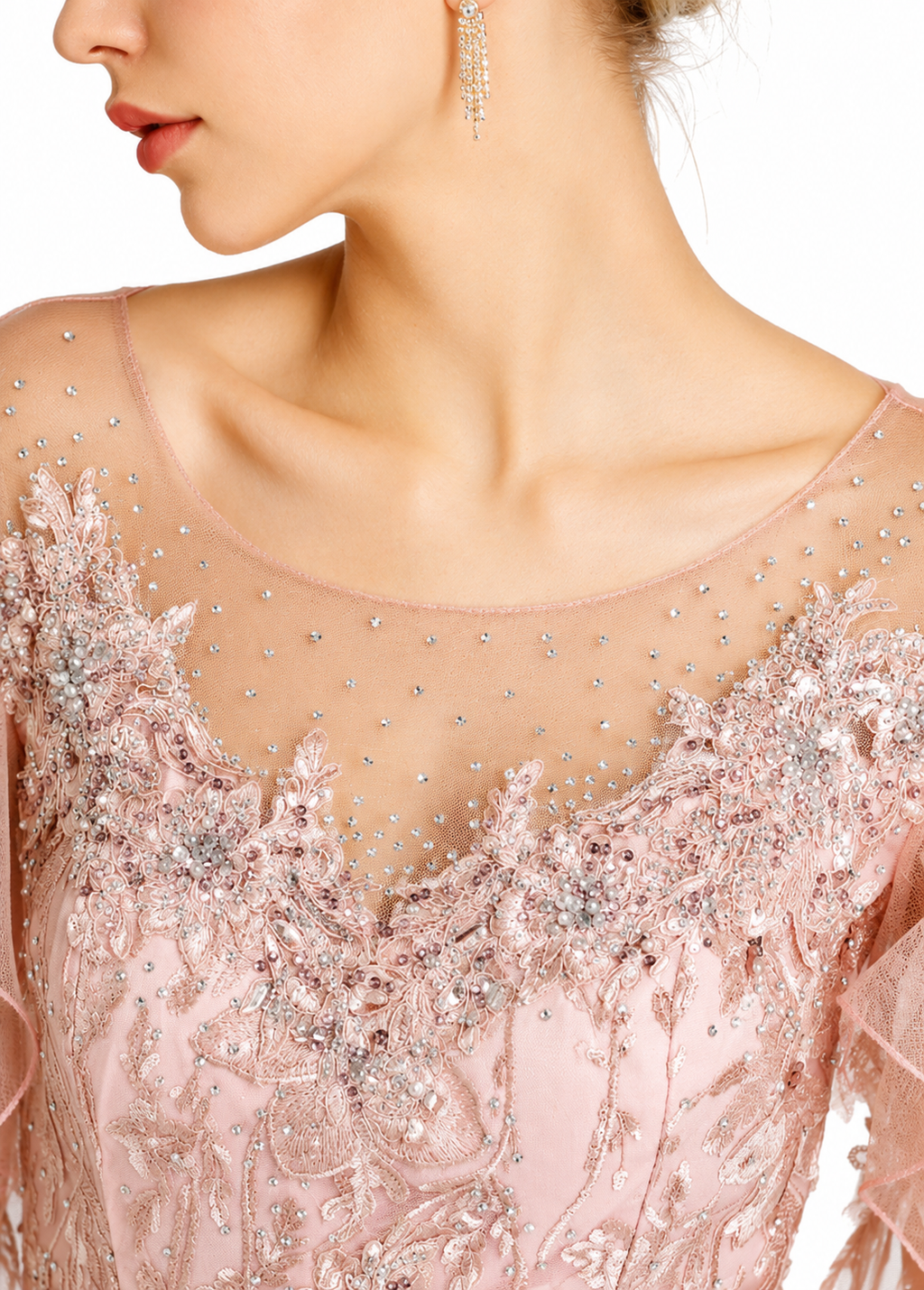 Women's Pink Embroidered Lace Rhinestone Evening Gown