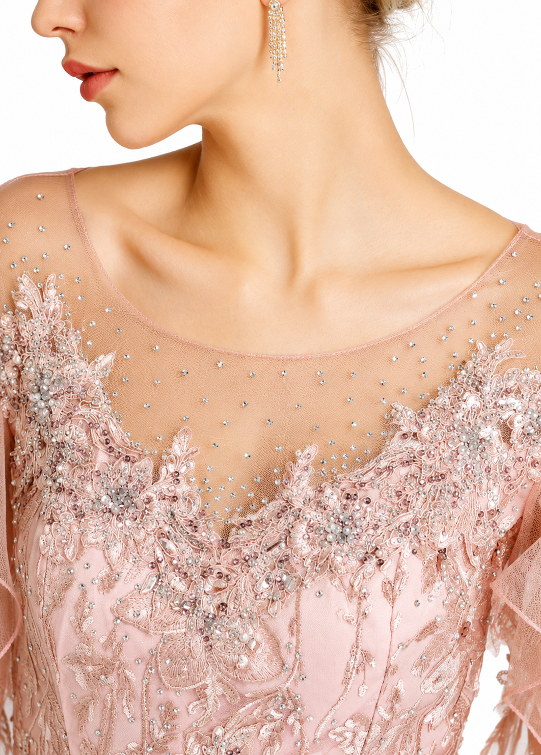 Women's Pink Embroidered Lace Rhinestone Evening Gown