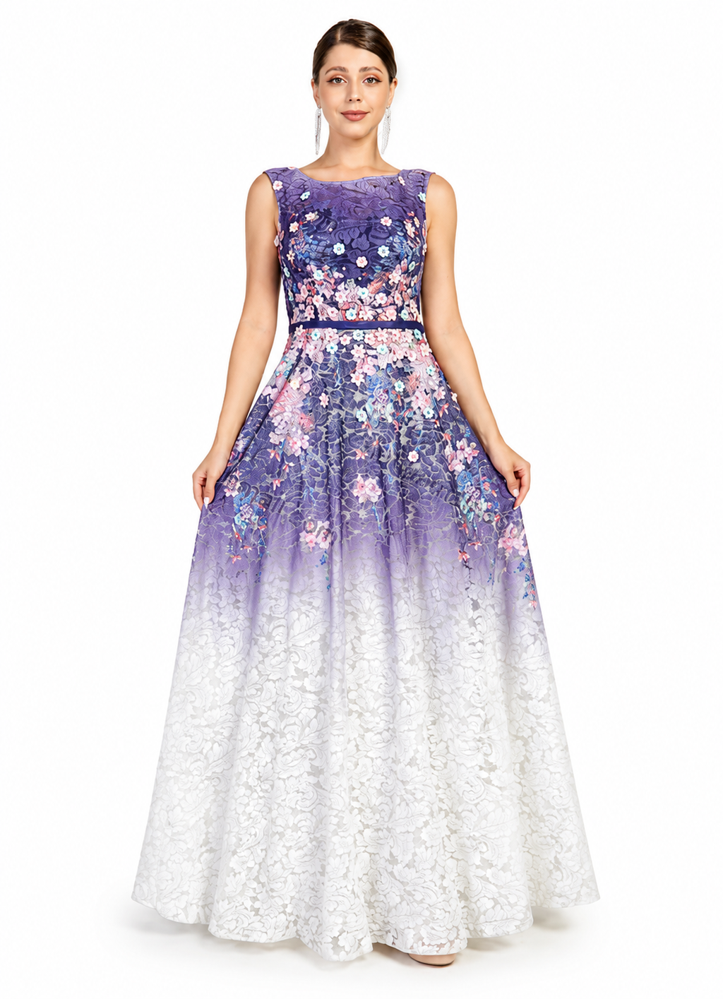 Women's Purple Ombre Guipure Lace Floor-Length Evening Dress