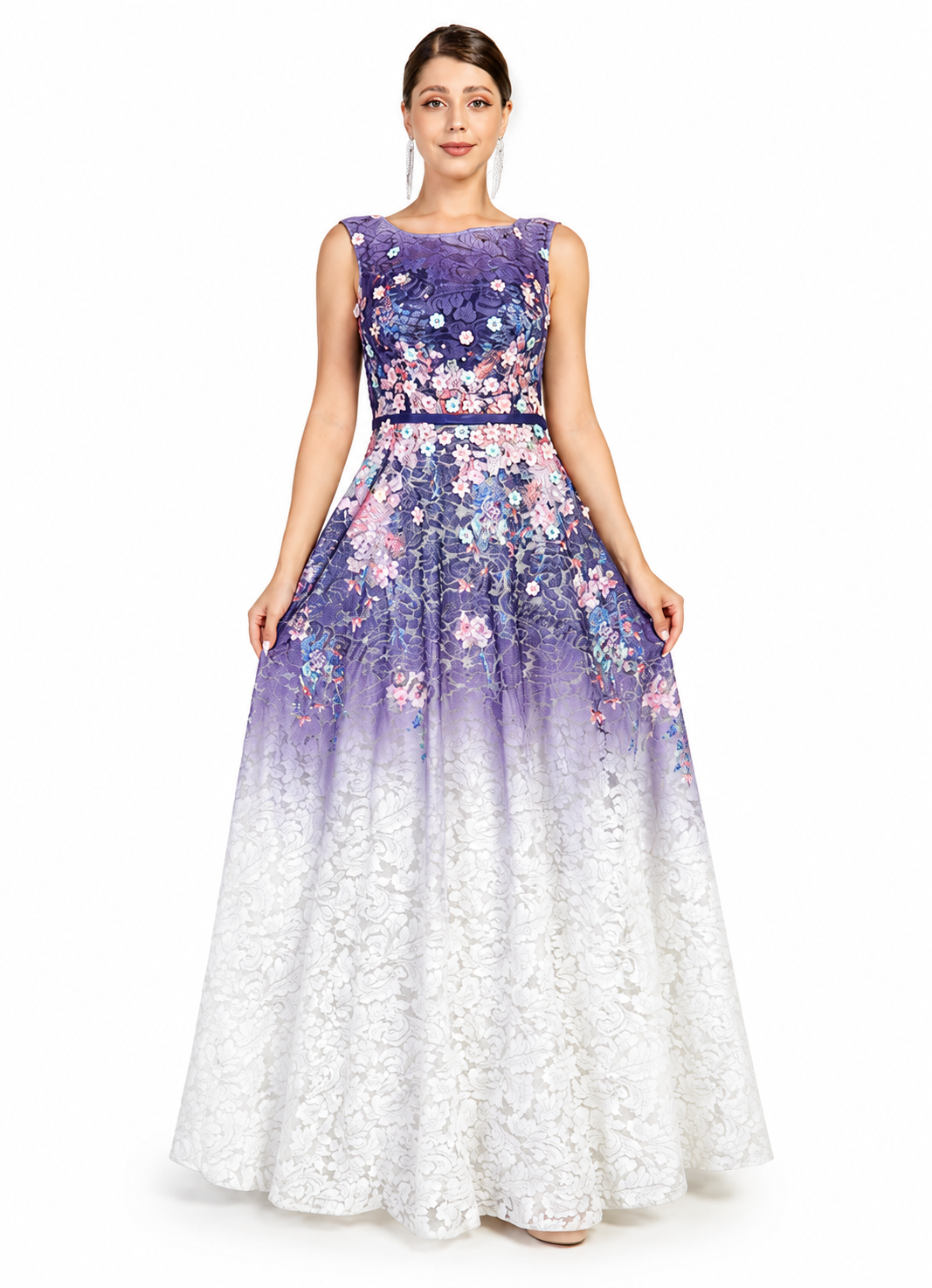 Women's Purple Ombre Guipure Lace Floor-Length Evening Dress