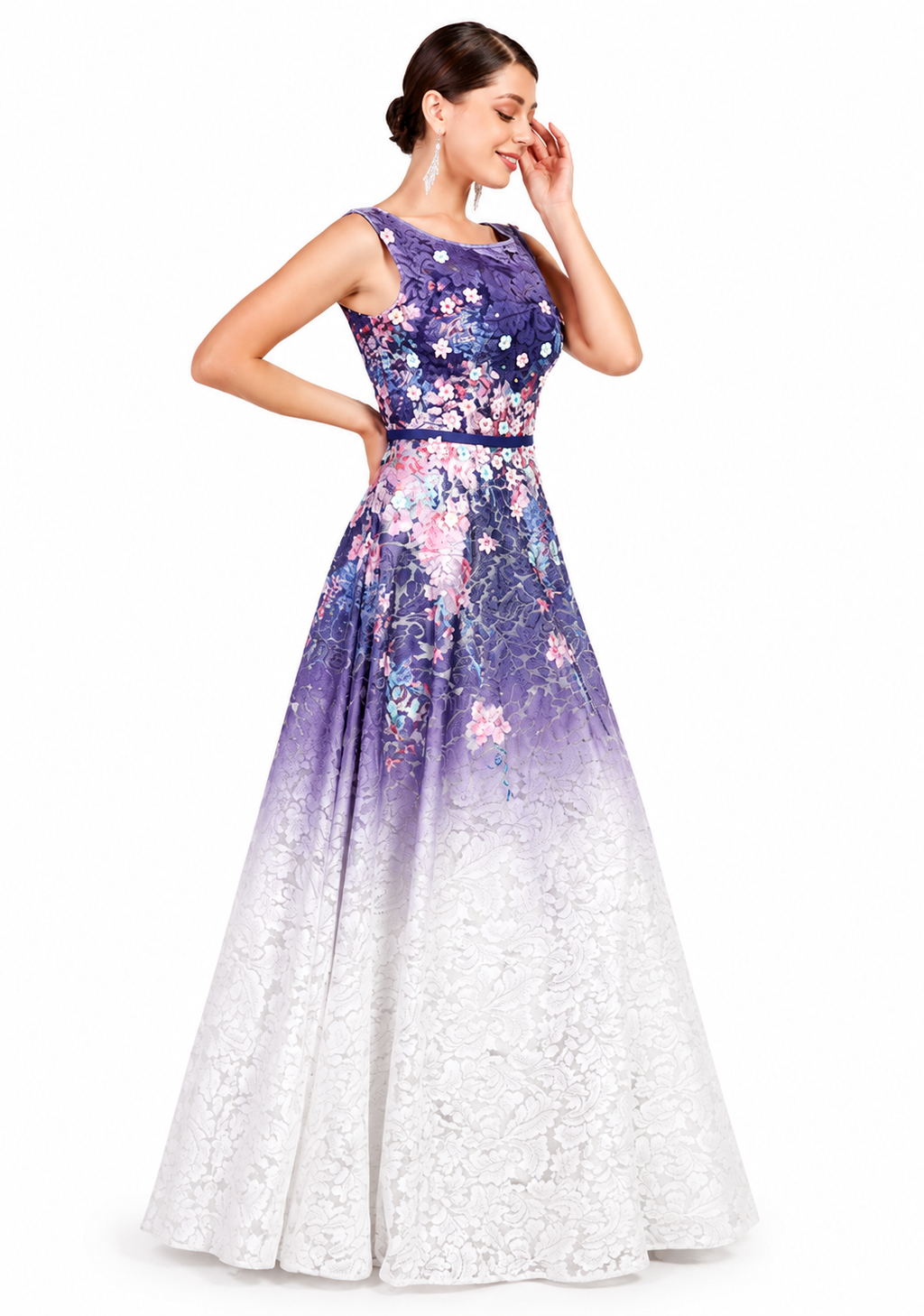 Women's Purple Ombre Guipure Lace Floor-Length Evening Dress