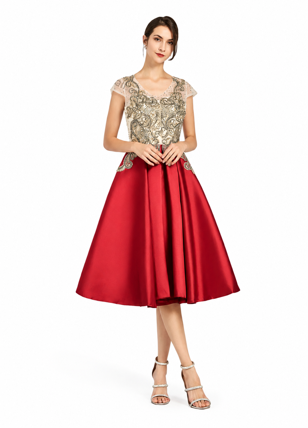 Women's Red Lace Rhinestone Knee-Length Evening Dress