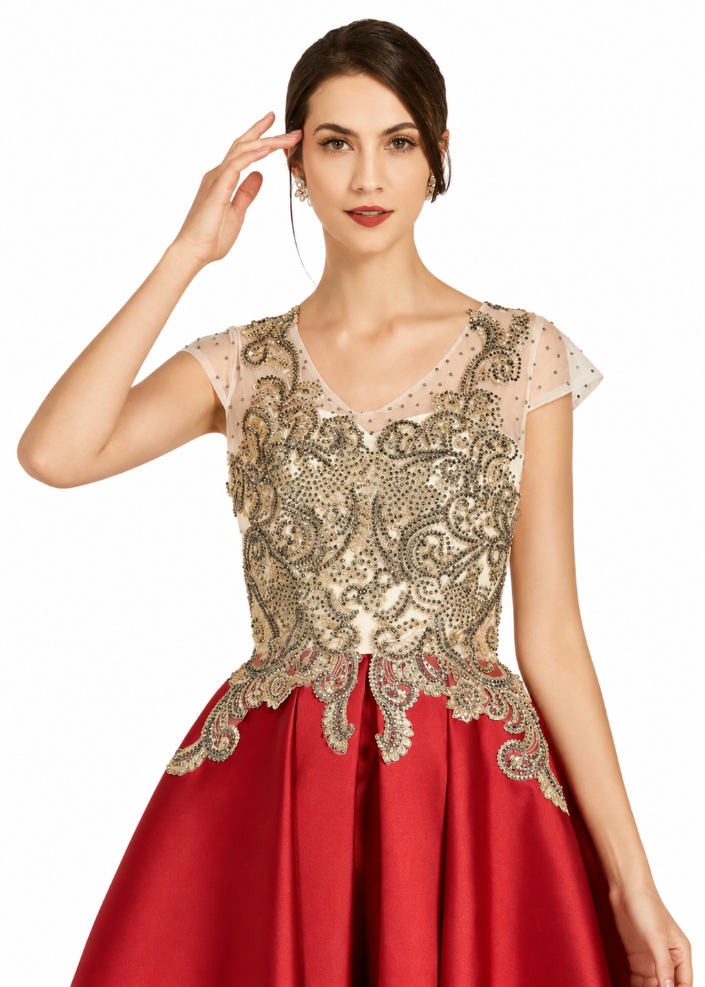 Women's Red Lace Rhinestone Knee-Length Evening Dress