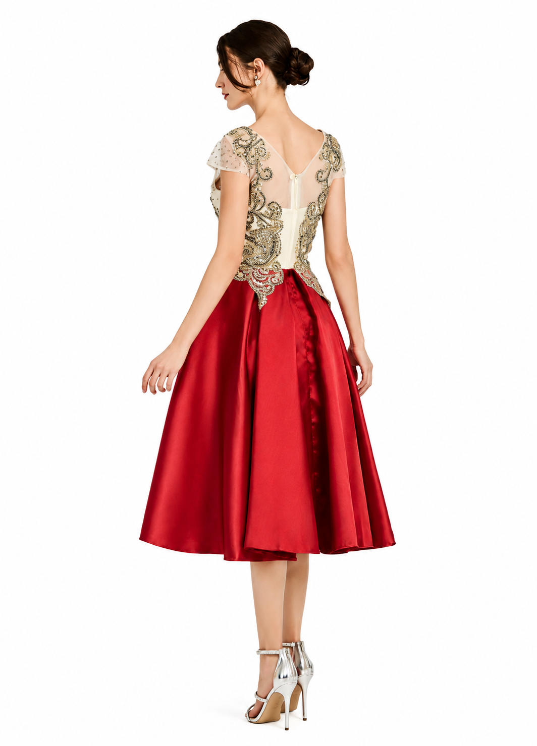 Women's Red Lace Rhinestone Knee-Length Evening Dress