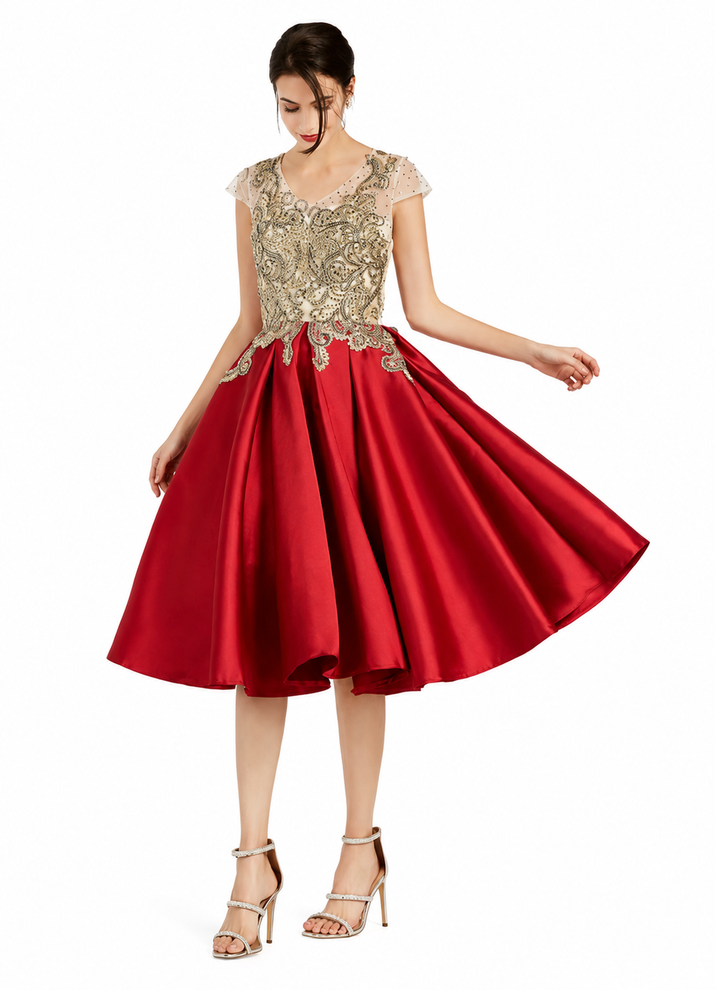 Women's Red Lace Rhinestone Knee-Length Evening Dress