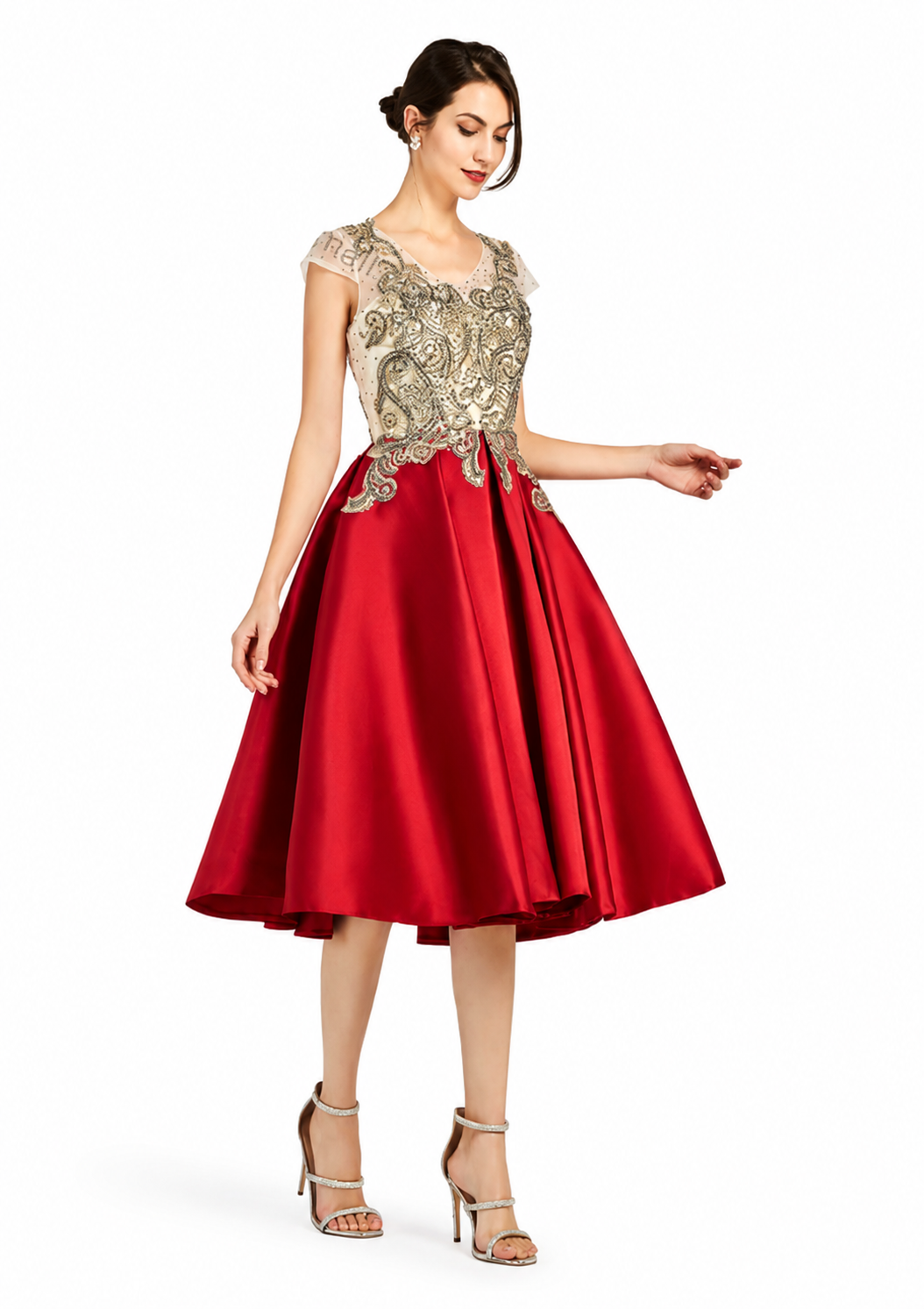 Women's Red Lace Rhinestone Knee-Length Evening Dress