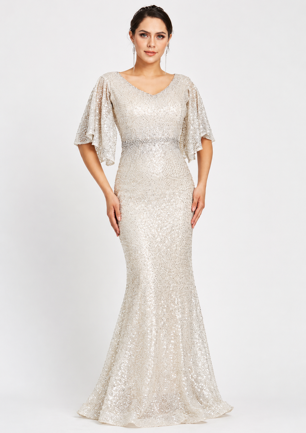 Women's Silver Sequin Mermaid Floor-Length Evening Gown
