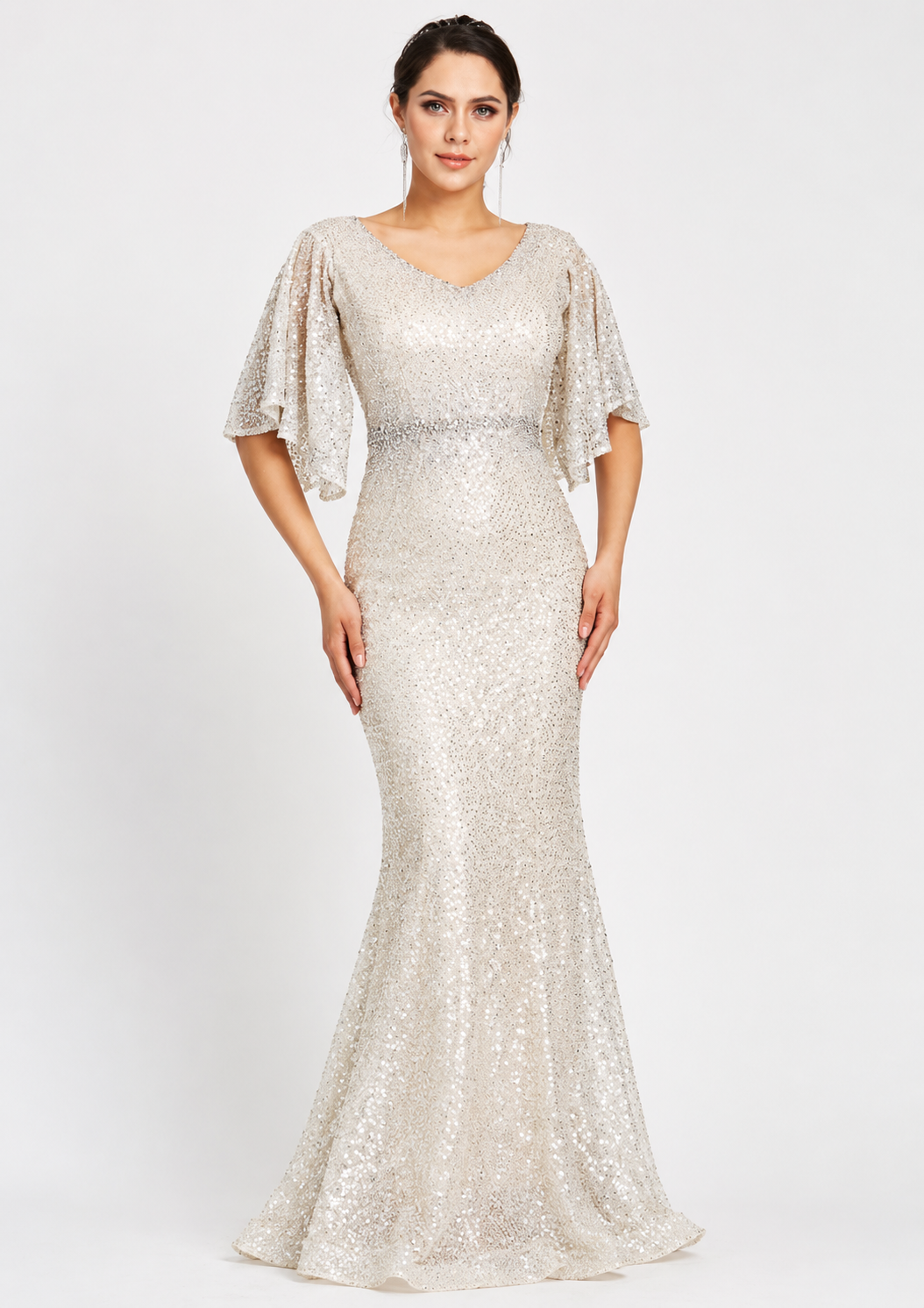 Women's Silver Sequin Mermaid Floor-Length Evening Gown