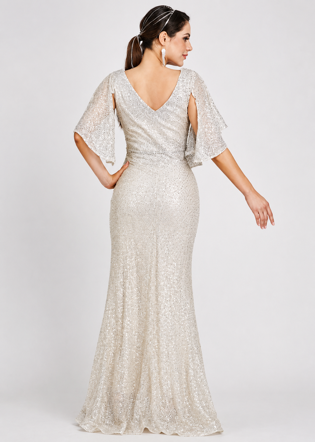 Women's Silver Sequin Mermaid Floor-Length Evening Gown
