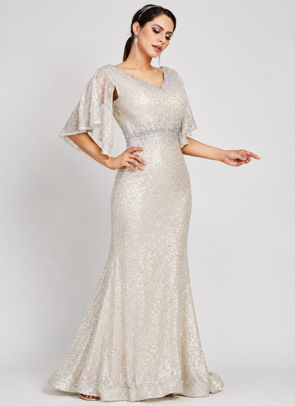 Women's Silver Sequin Mermaid Floor-Length Evening Gown