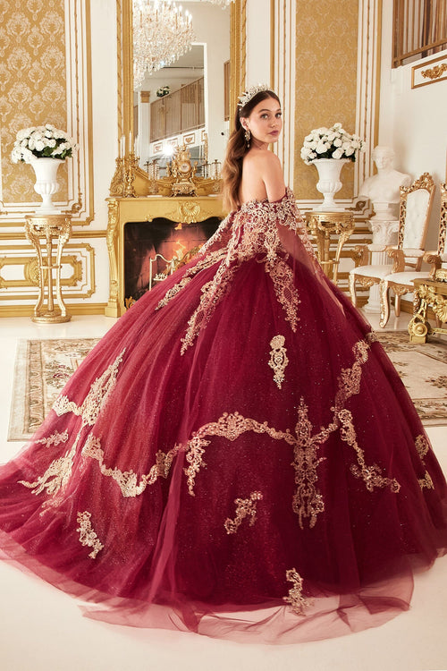 Applique Cape Sleeve Glitter Ball Gown