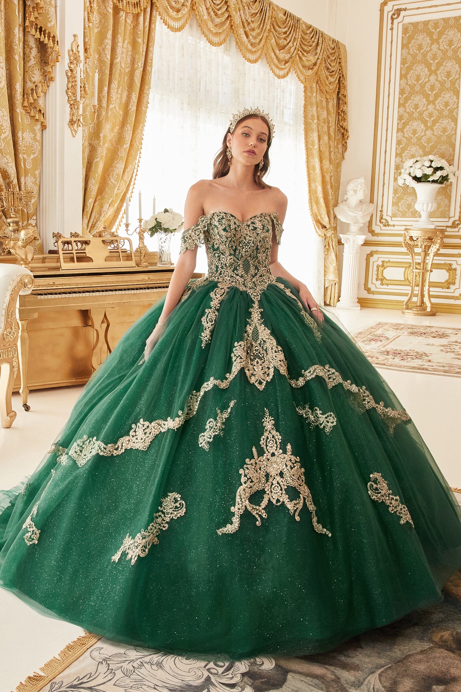 Applique Cape Sleeve Glitter Ball Gown
