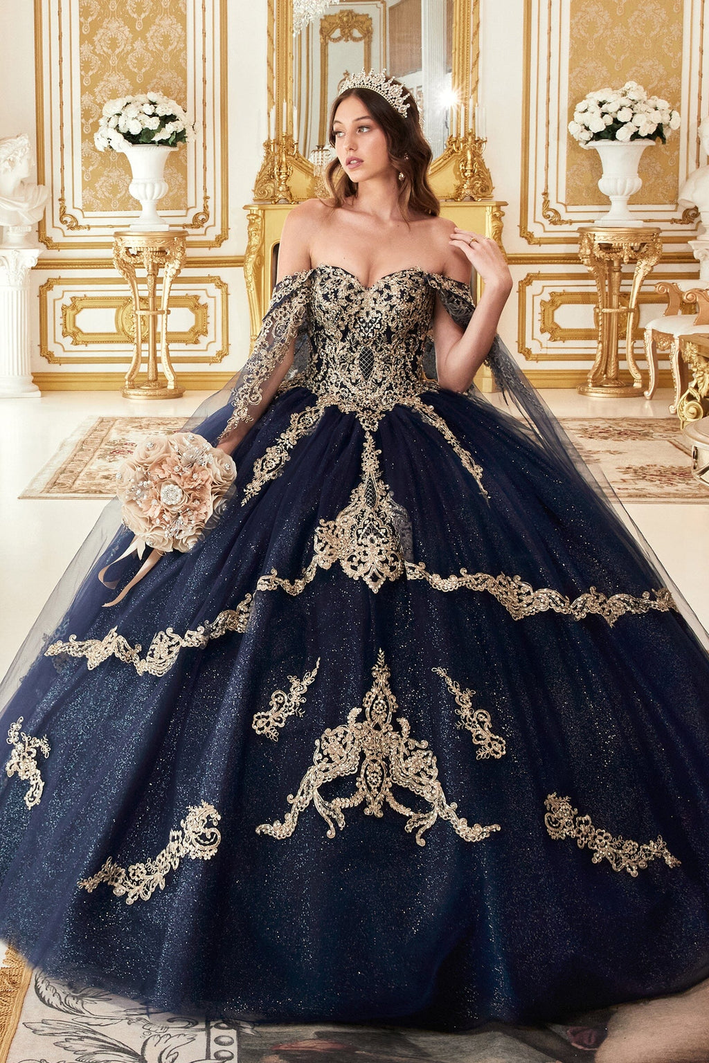 Applique Cape Sleeve Glitter Ball Gown