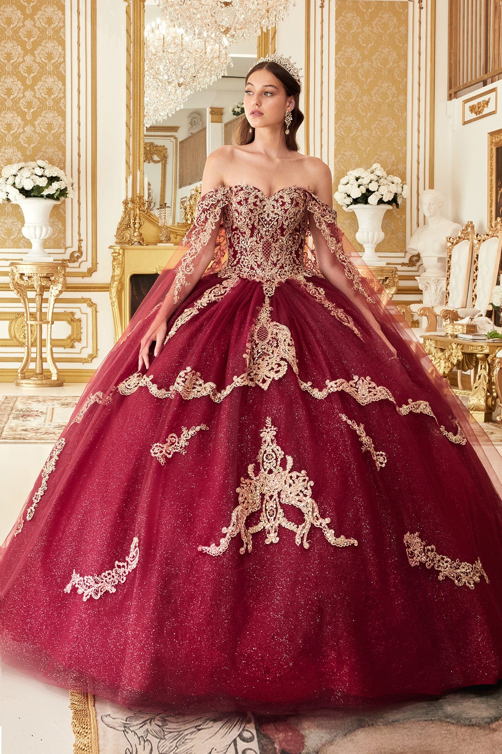 Applique Cape Sleeve Glitter Ball Gown