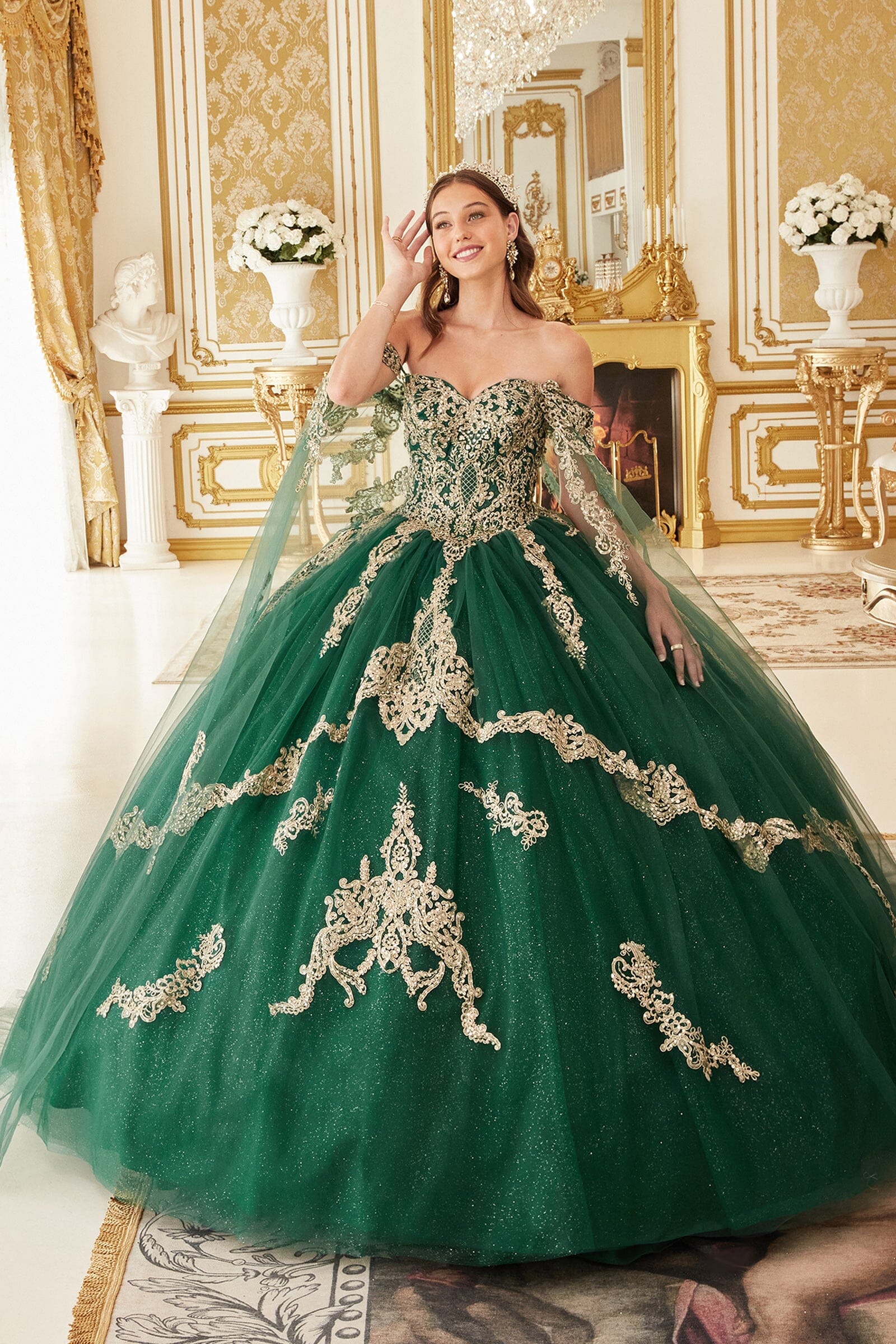 Applique Cape Sleeve Glitter Ball Gown