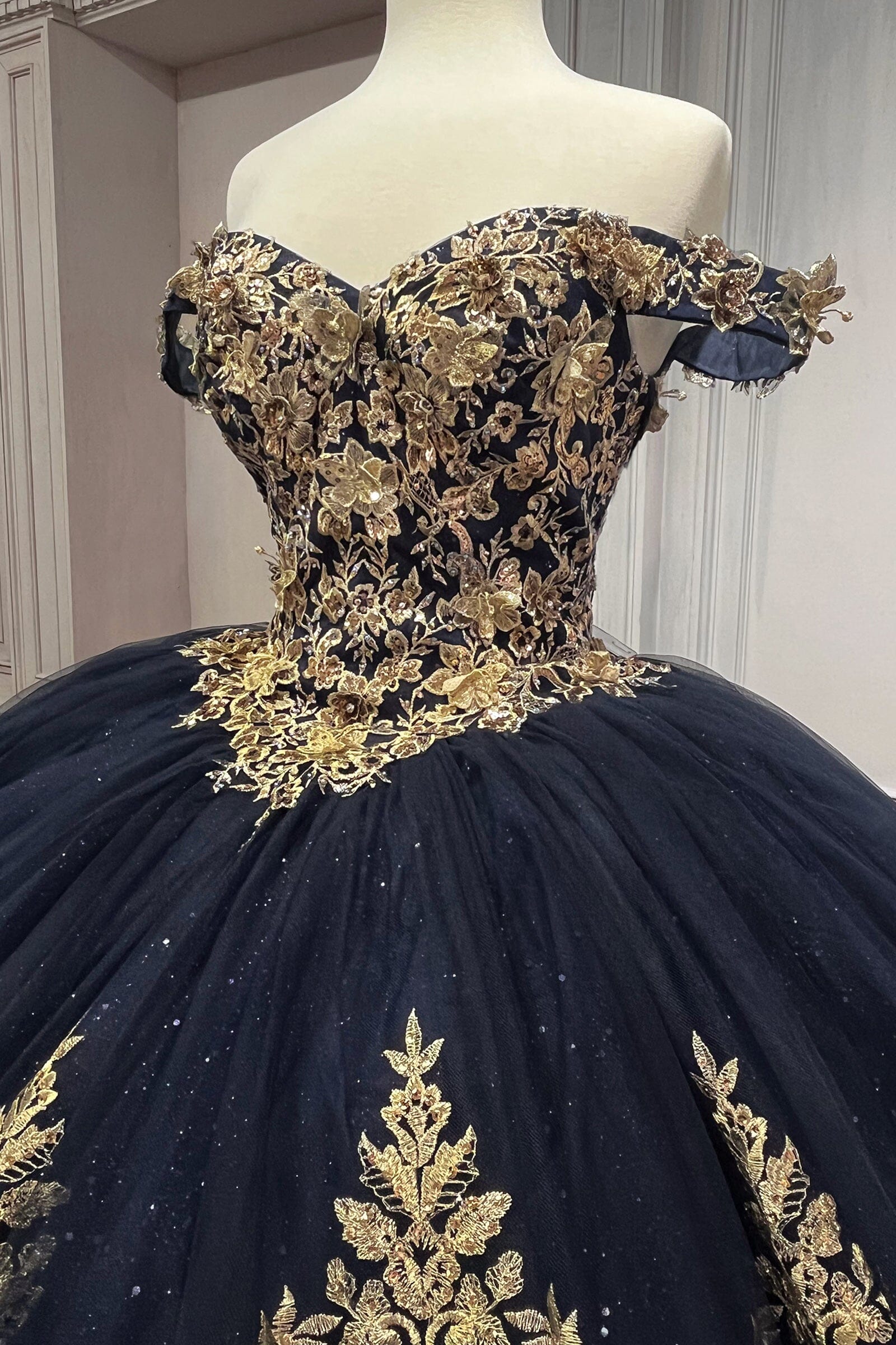 Applique Glitter Off Shoulder Ball Gown