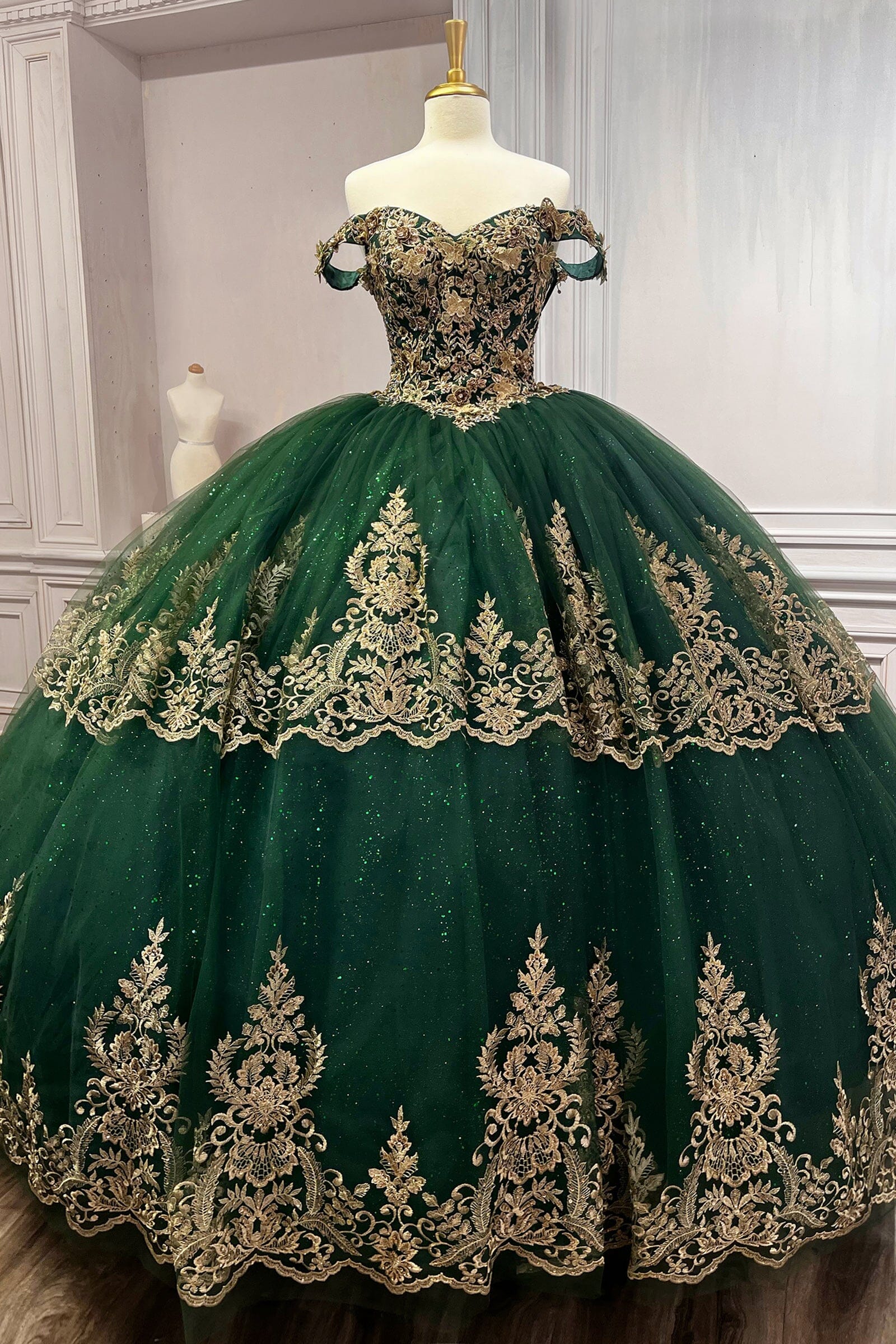 Applique Glitter Off Shoulder Ball Gown