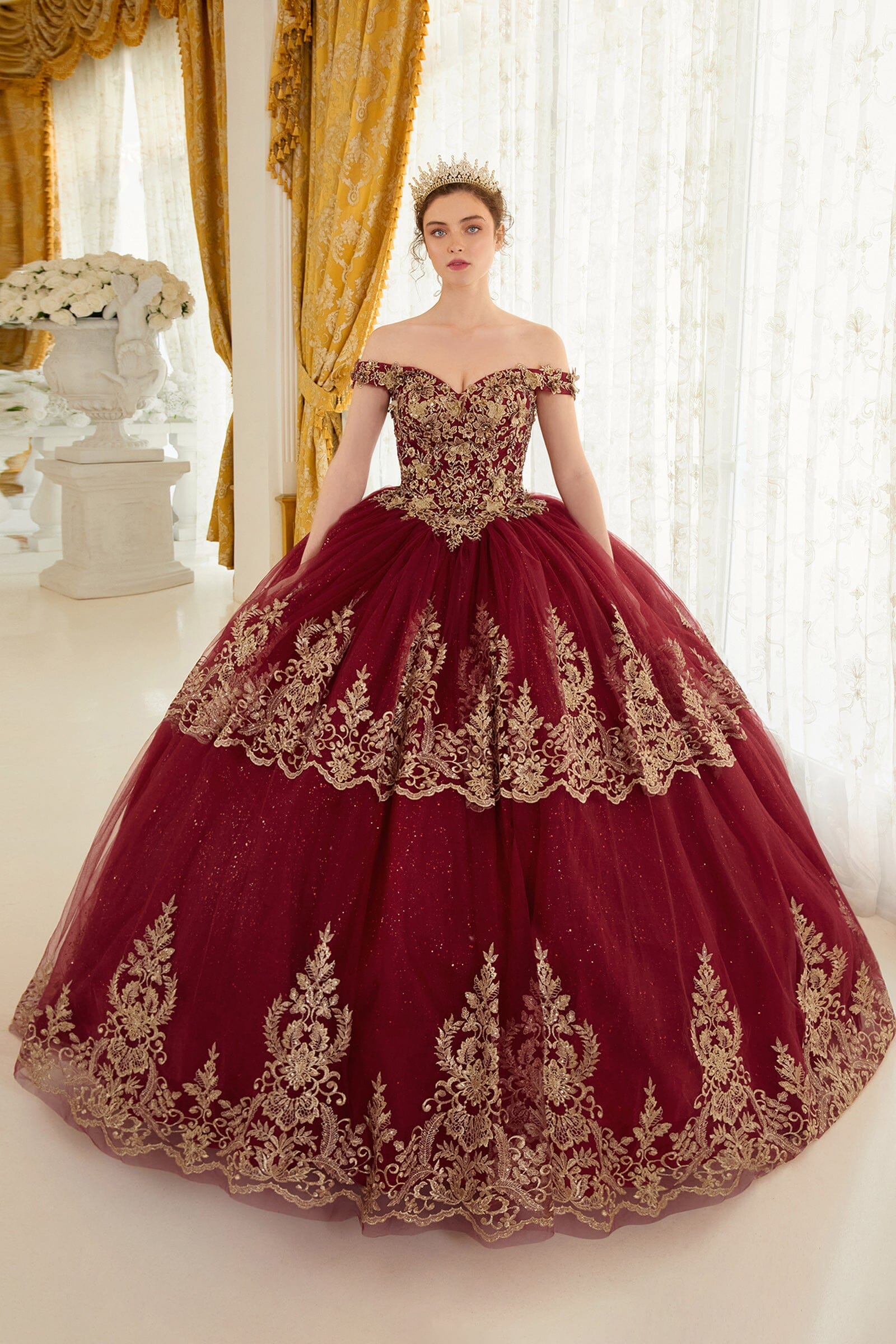 Applique Glitter Off Shoulder Ball Gown