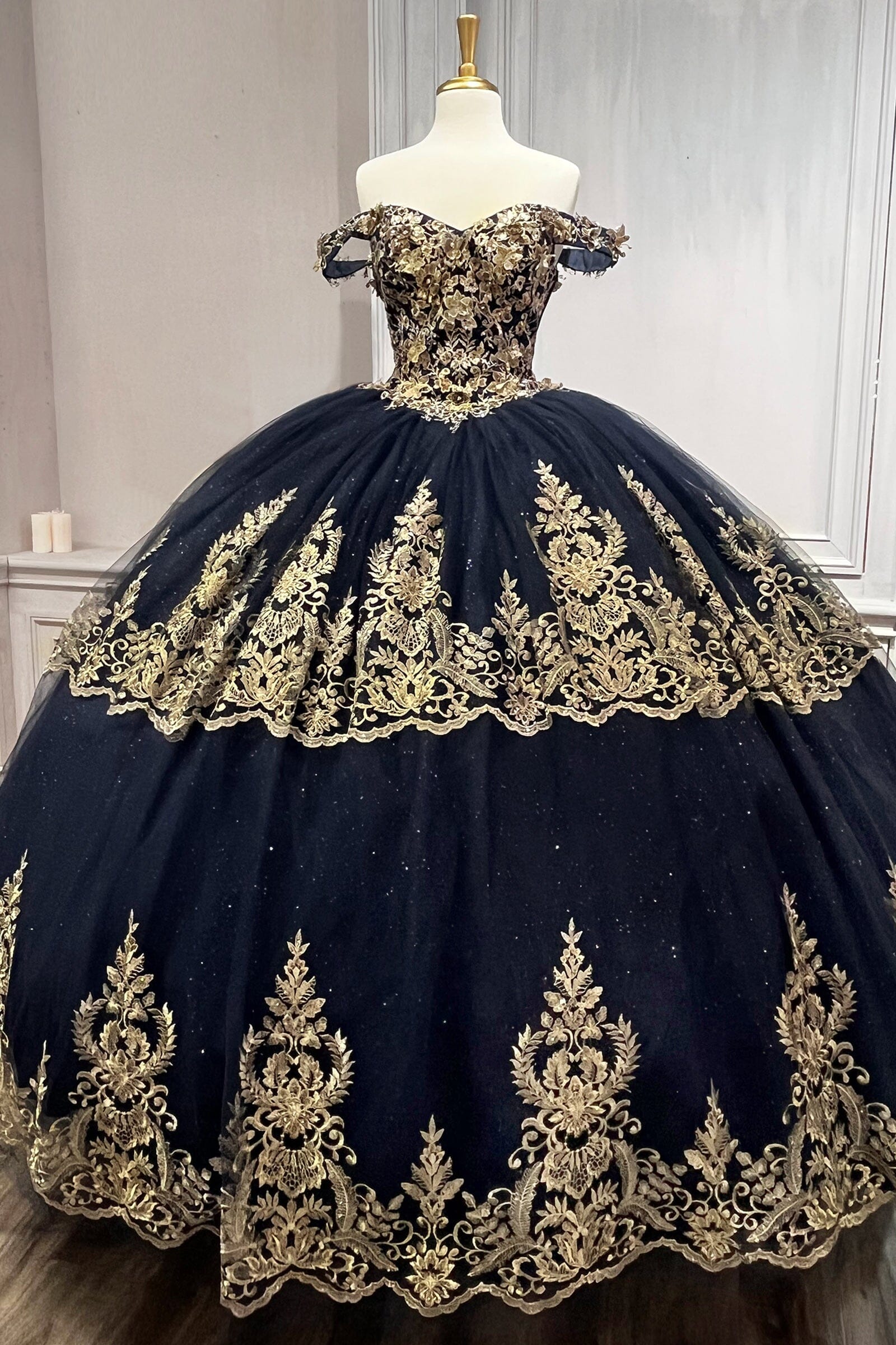 Applique Glitter Off Shoulder Ball Gown